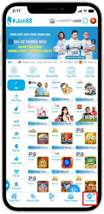 Bước 1: Truy cập trang chủ chọn "Tài khoản"